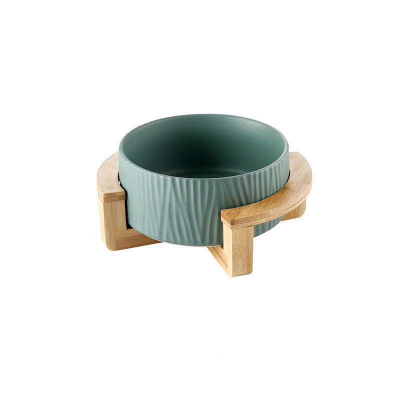 Ceramic and Bamboo Cat Food Bowl With Wooden Frame
