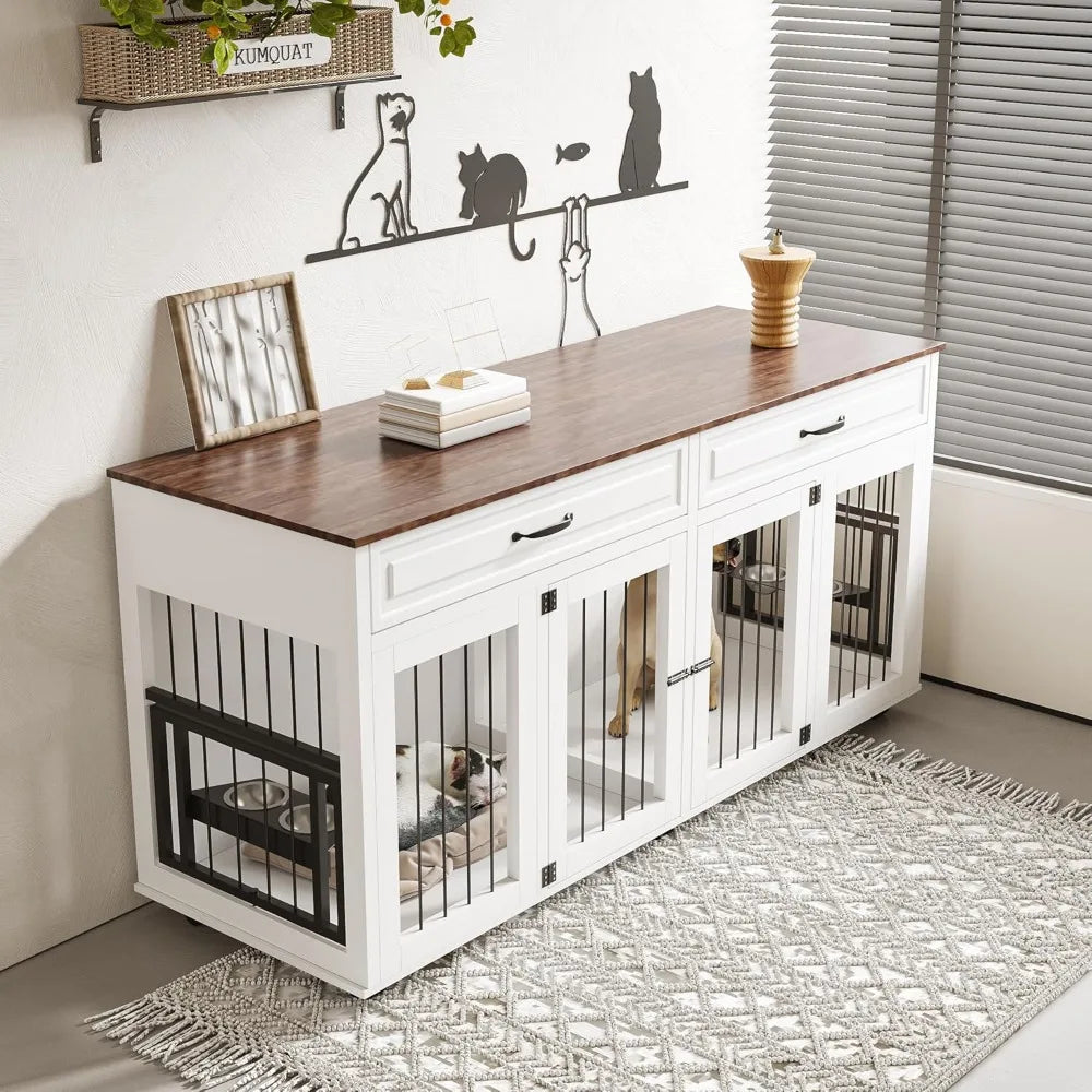 Wooden Dog Crate Cabinet With Two Doors TV Stand Storage