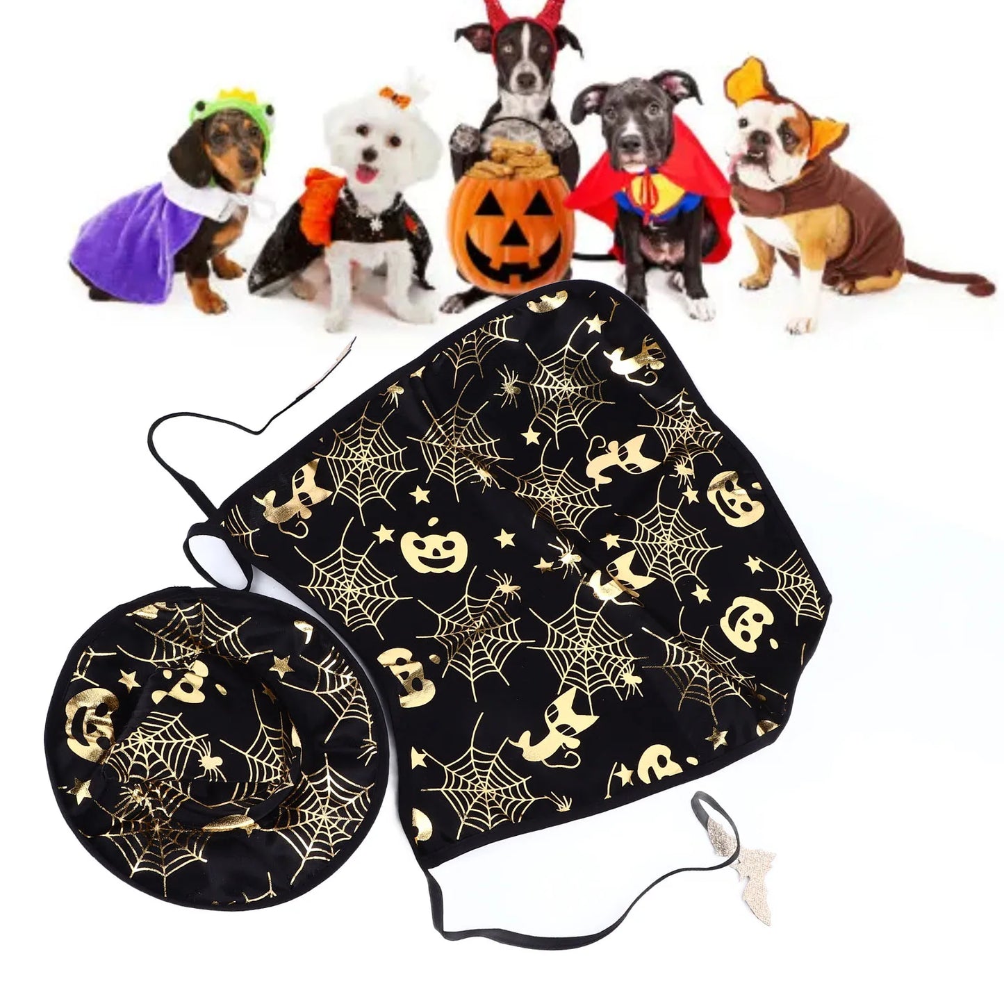 Halloween Pumpkin Cape Pet Costume Set Spiderweb Pattern