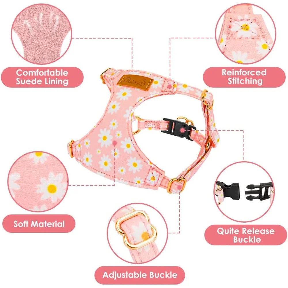 No Pull Dog Harness Adjustable Lightweight Soft Floral Pattern Pet Safety Leash Step-in Design Perfect Small Medium Dogs