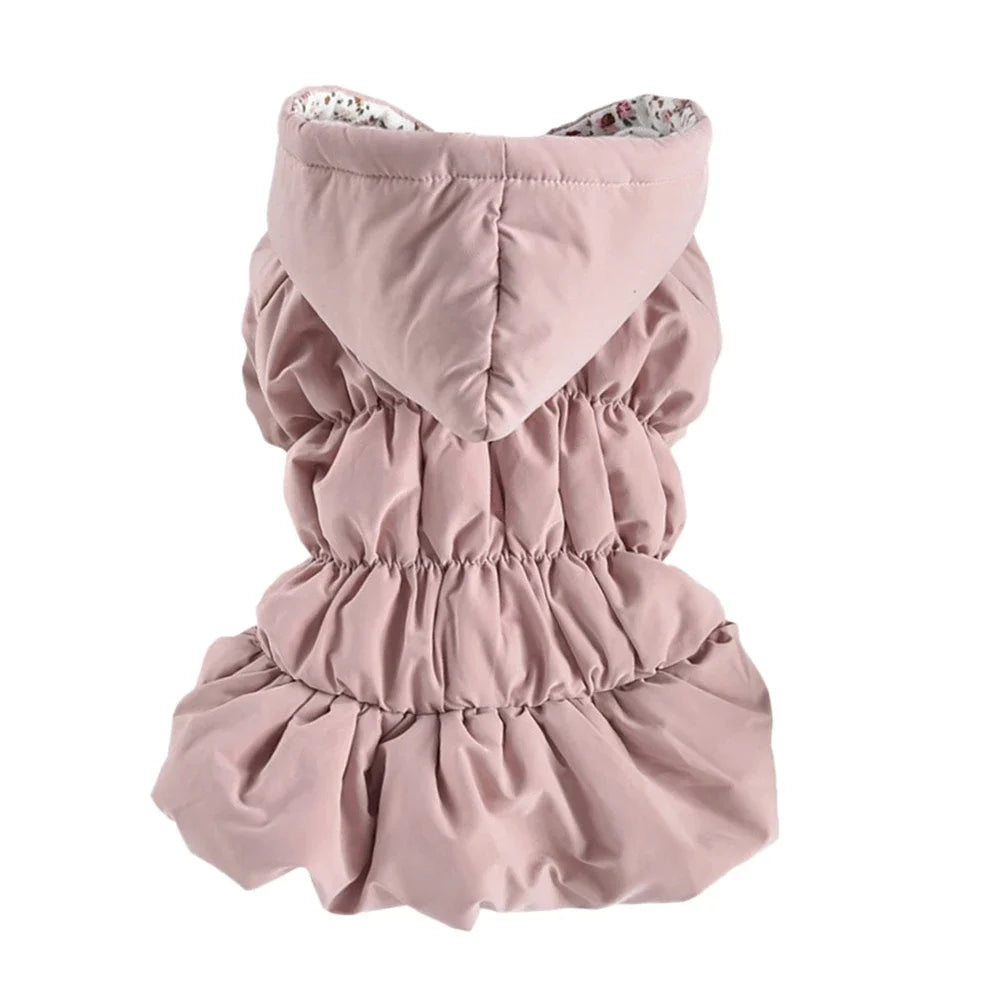 Winter Warm Dog Dress With Floral Bubble Skirt Hooded Coat