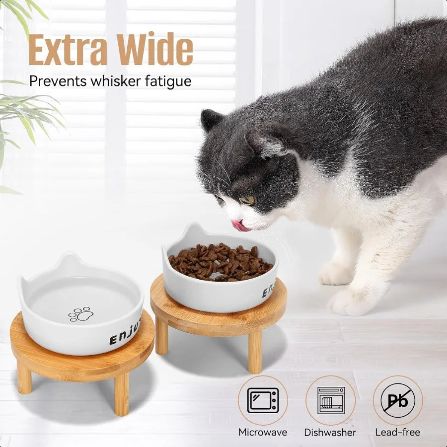 3PCS Elevated Cat Bowls Wide Raised Ceramic Pet Dishes with Bamboo Stand Whisker Friendly Feeding Station