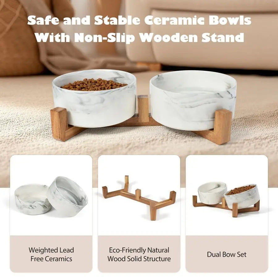 Bowls Set with Wood Stand, 3.6Cup Ceramic Pet Bowls for Medium Dogs