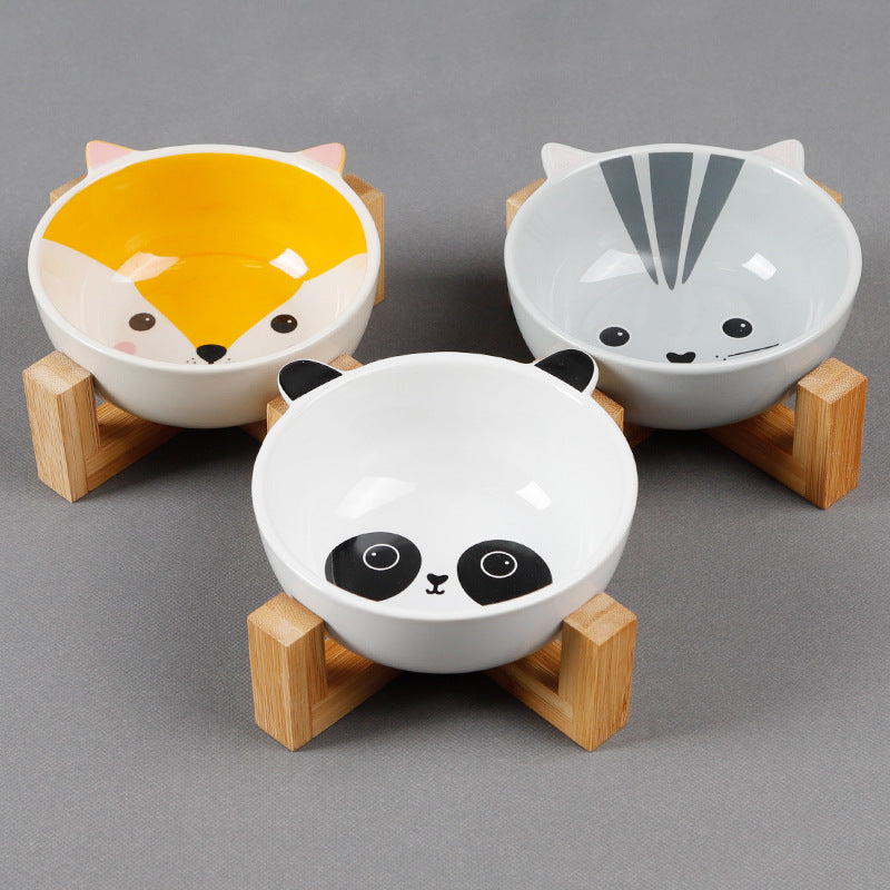 Ceramic Cartoon Bowl With Bamboo Wood Bracket For Pets