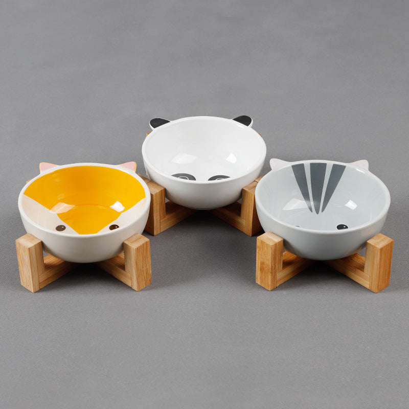 Ceramic Cartoon Bowl With Bamboo Wood Bracket For Pets