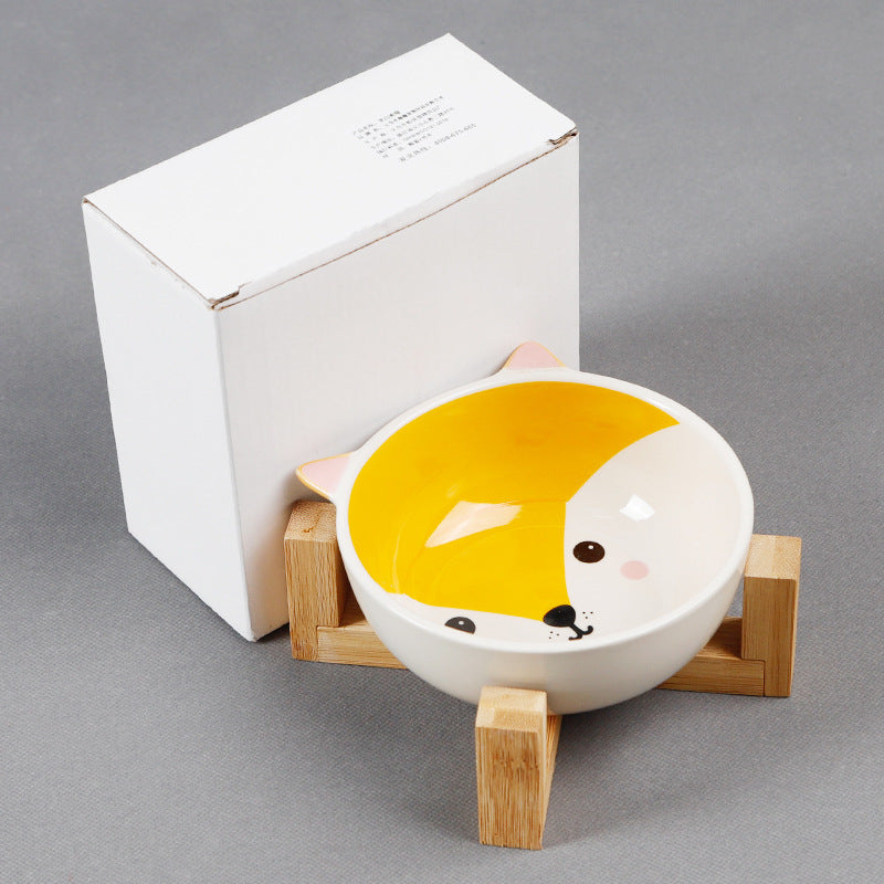 Ceramic Cartoon Bowl With Bamboo Wood Bracket For Pets