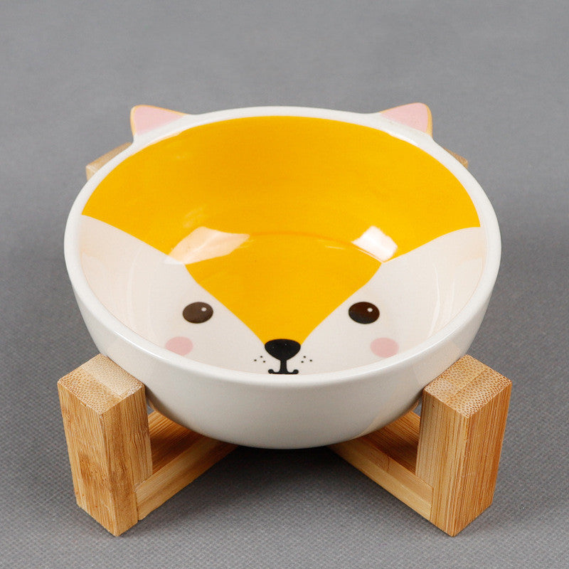 Ceramic Cartoon Bowl With Bamboo Wood Bracket For Pets