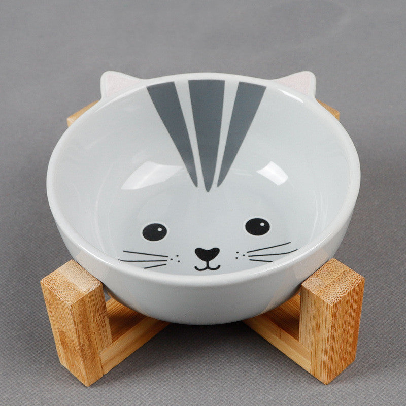 Ceramic Cartoon Bowl With Bamboo Wood Bracket For Pets