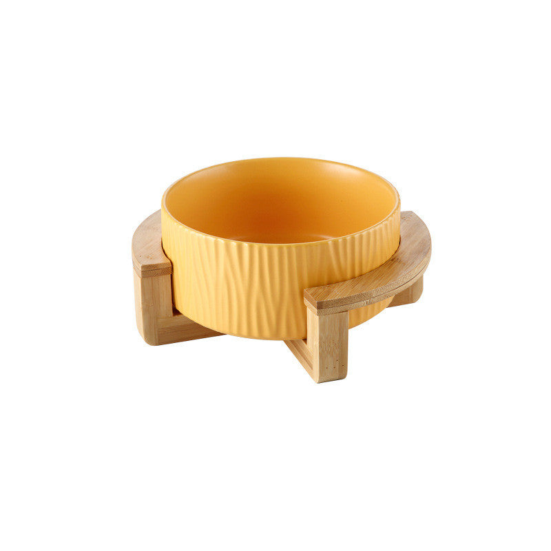 Ceramic and Bamboo Cat Food Bowl With Wooden Frame