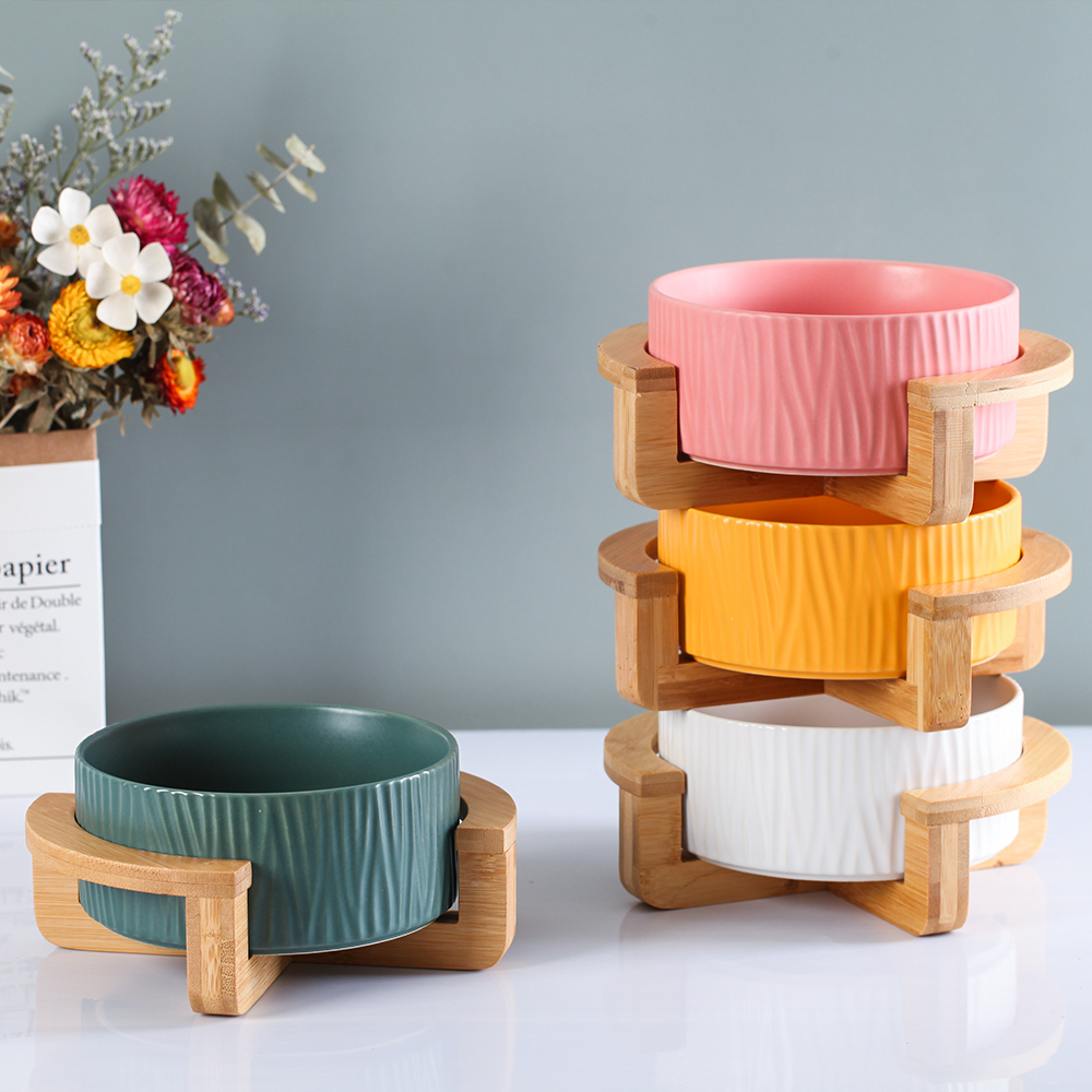 Ceramic and Bamboo Cat Food Bowl With Wooden Frame