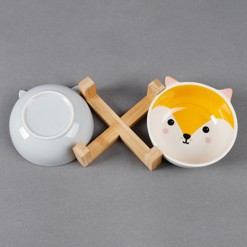 Ceramic Cartoon Bowl With Bamboo Wood Bracket For Pets