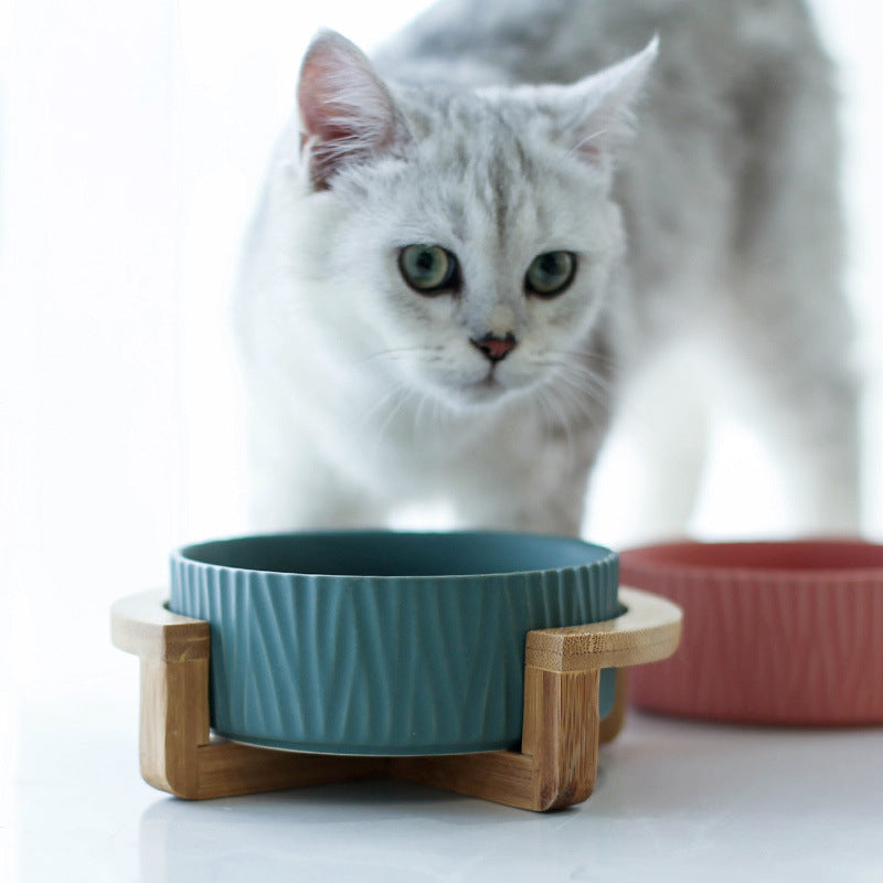 Ceramic and Bamboo Cat Food Bowl With Wooden Frame