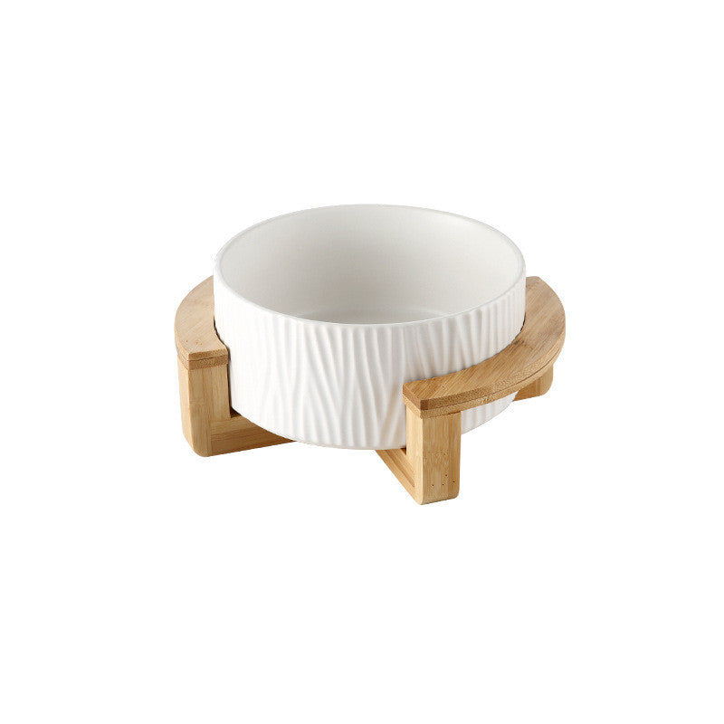 Ceramic and Bamboo Cat Food Bowl With Wooden Frame