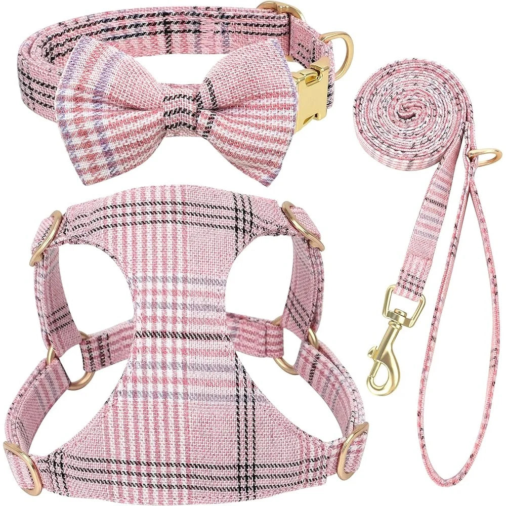 Cute Small Dog Harness Collar Leash Set Adjustable Soft Plaid Design for Extra Small Dogs and Cats