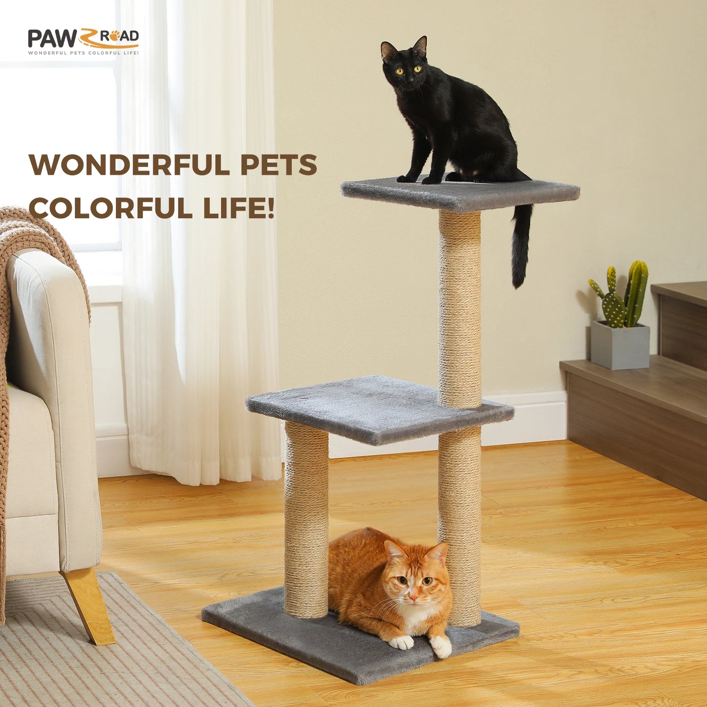 Cat Tree Cat Tower for Indoor Cats with Big Hammock Removable Top Perch Scratching Posts Three Tier Design Grey