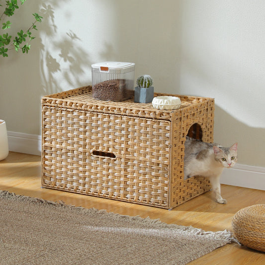 Rattan Cat Litter Box Enclosure with Stylish Flip-Up Design