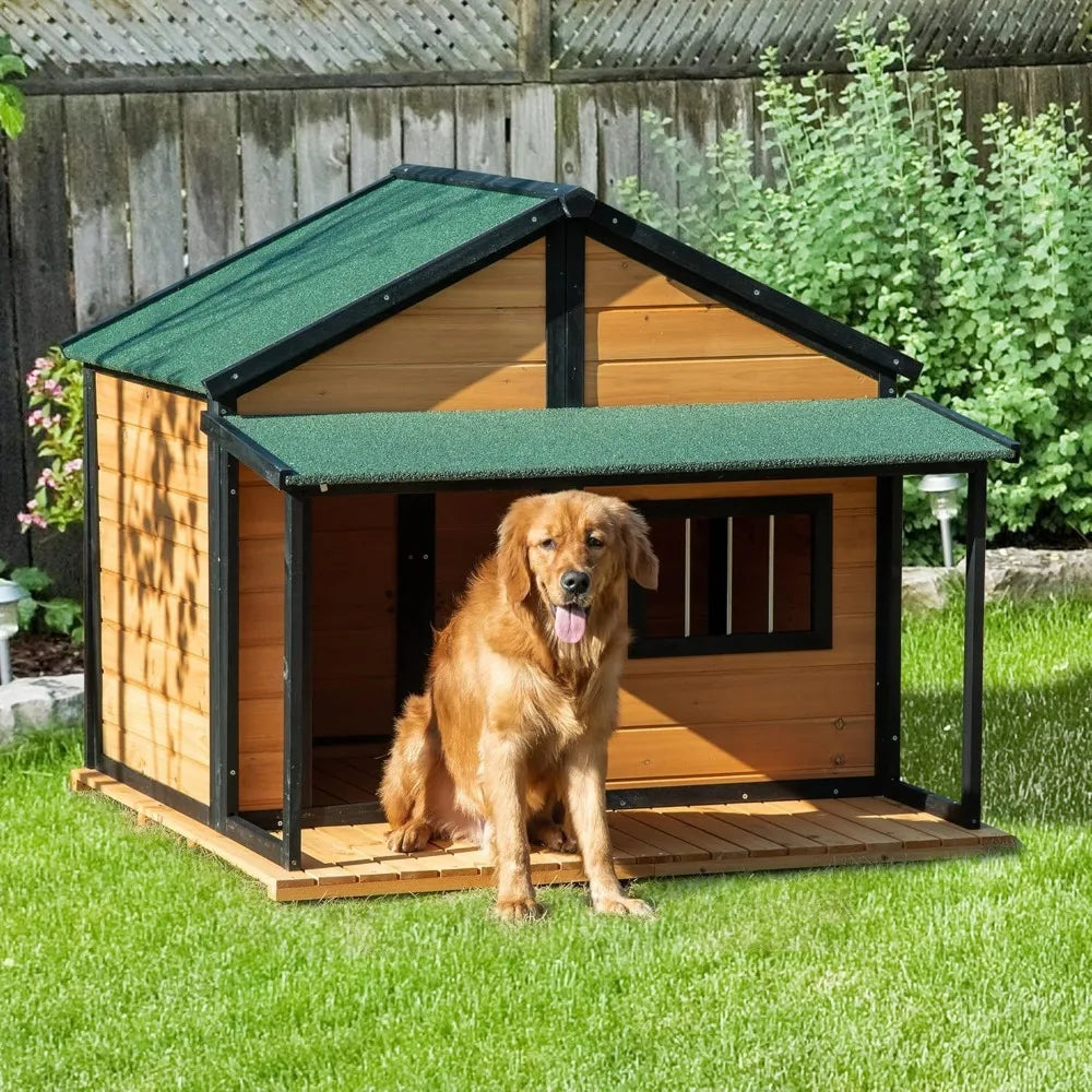 Outdoor Cabin Style Wooden Dog House With Porch Kennel