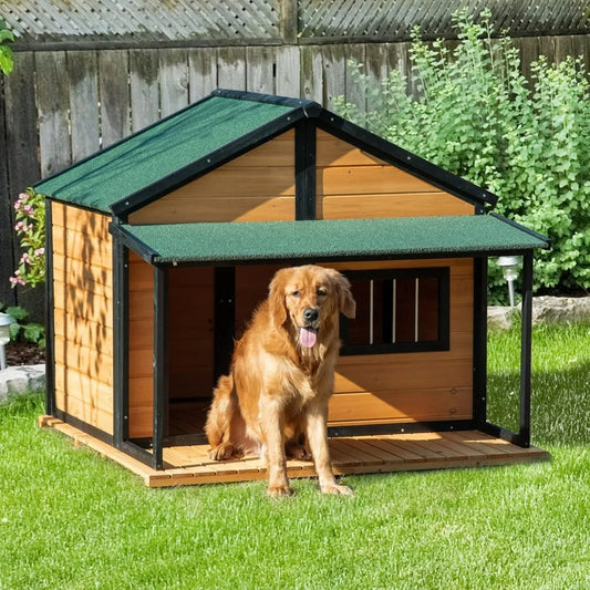 Outdoor Cabin Style Wooden Dog House With Porch Kennel