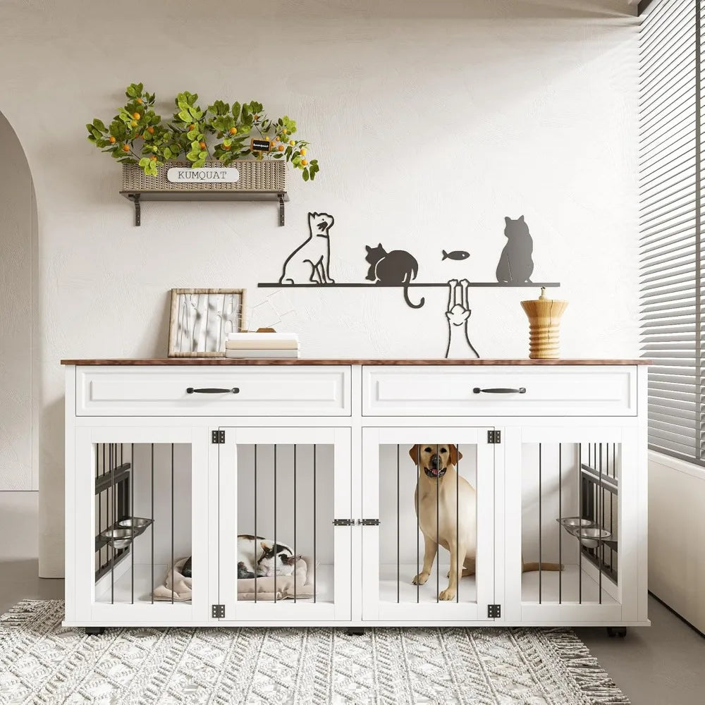 Wooden Dog Crate Cabinet With Two Doors TV Stand Storage