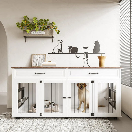 Wooden Dog Crate Cabinet With Two Doors TV Stand Storage
