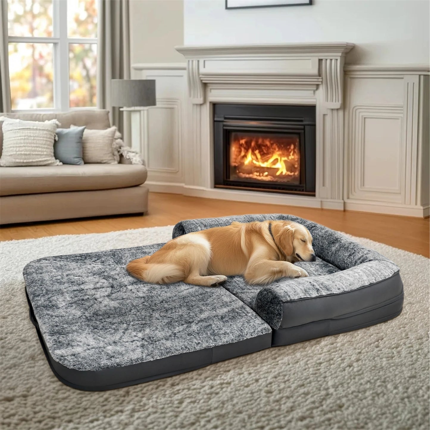 Orthopedic Dog Bed Foldable Calming Plush Cover Sponge Base
