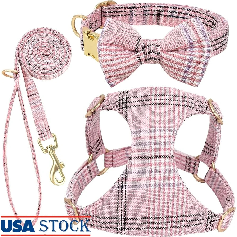 Cute Small Dog Harness Collar Leash Set Adjustable Soft Plaid Design for Extra Small Dogs and Cats