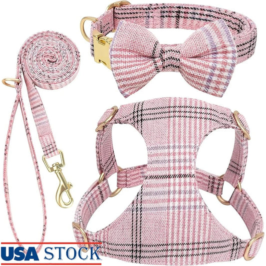 Cute Small Dog Harness Collar Leash Set Adjustable Soft Plaid Design for Extra Small Dogs and Cats