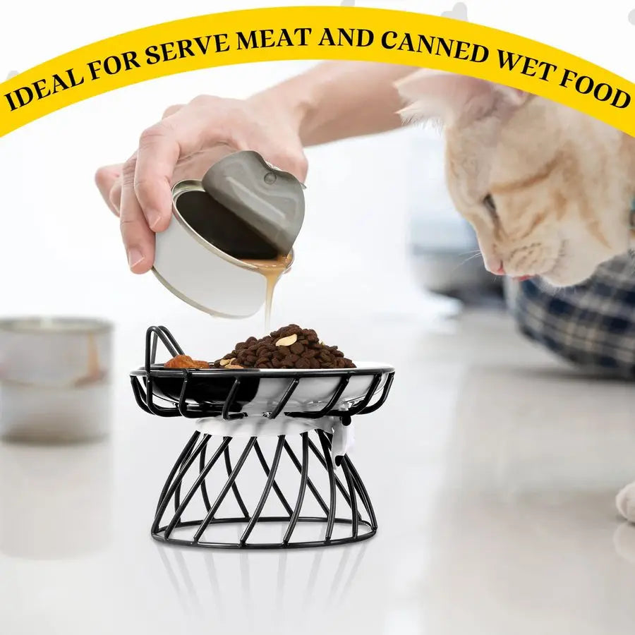 Cat Feeder, 4 Pcs Elevated Ceramic Cat Bowls with Metal Stand, Whisker