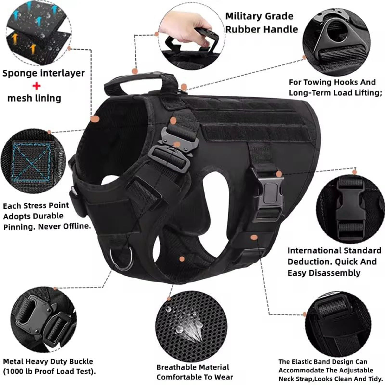 Tactical Dog Harness Collar Leash Molle Pouches For Medium Large Dogs