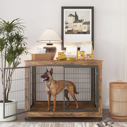 Wooden Dog Crate Furniture With Flip Top And Wheels