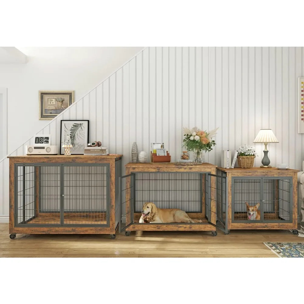 Wooden Dog Crate Furniture With Flip Top And Wheels
