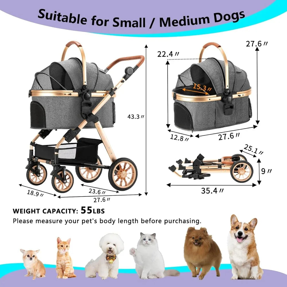 Stroller for Medium & Small Dogs - Foldable, Lightweight Dog Carrier with Storage Basket (Gray)