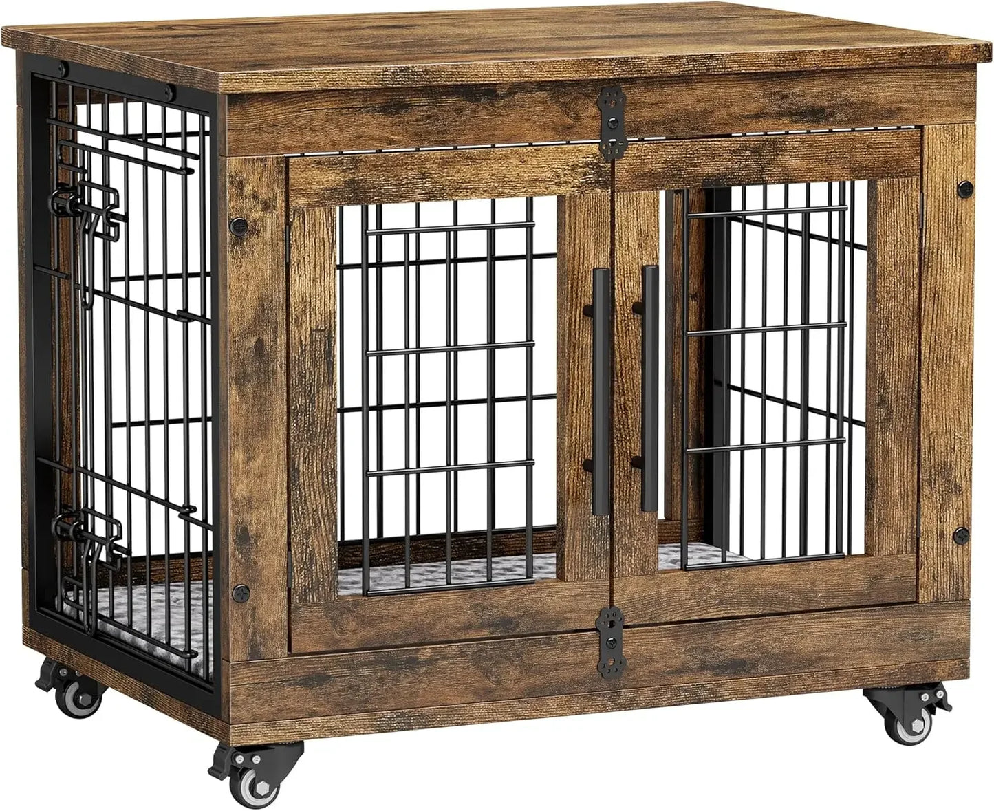 Indoor Double Door Wooden Dog Crate With Cushion And Wheels