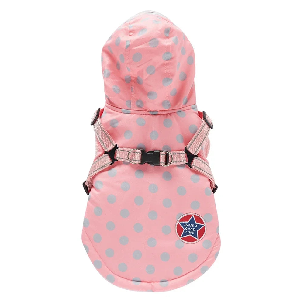 Winter Waterproof Dog Coat With Harness Hooded Polyester Jacket