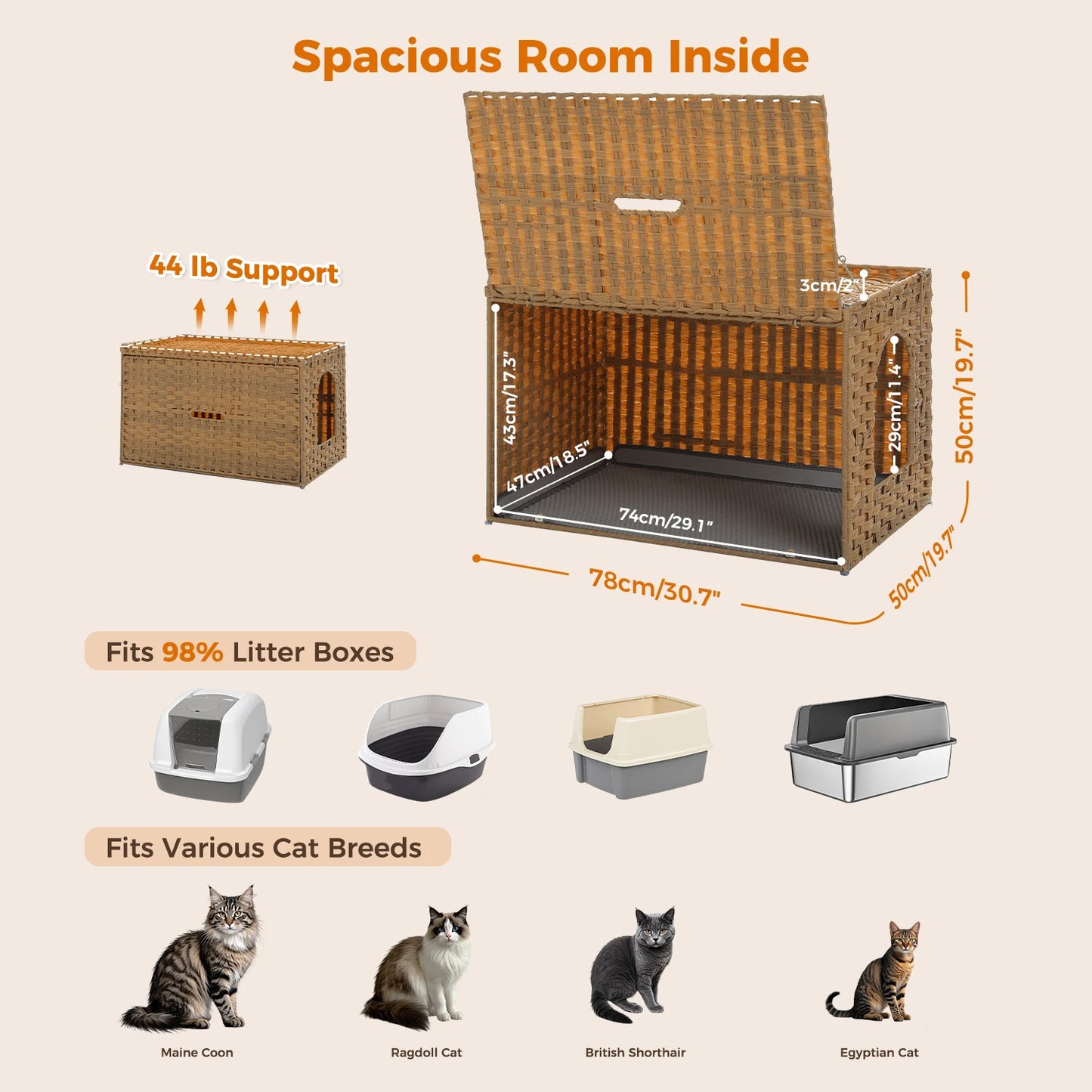 Rattan Cat Litter Box Enclosure with Stylish Flip-Up Design