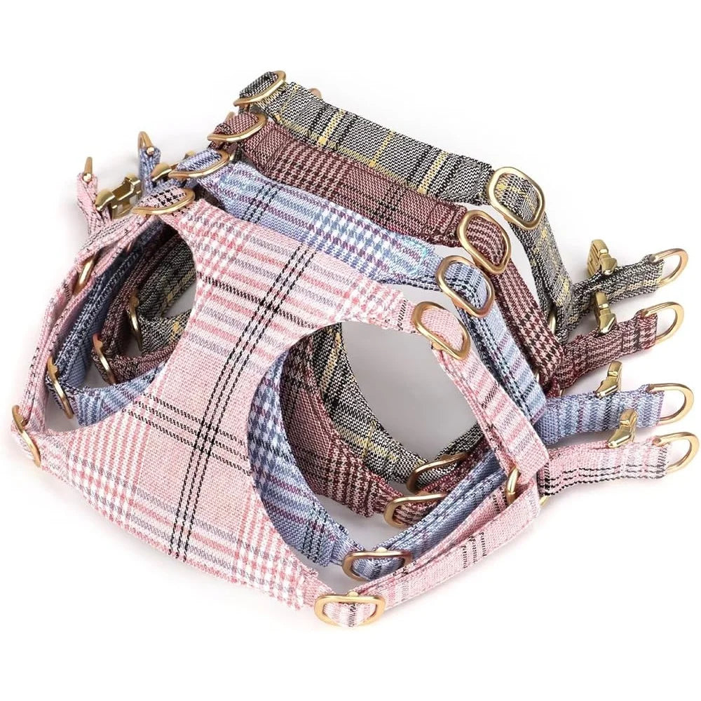Cute Small Dog Harness Collar Leash Set Adjustable Soft Plaid Design for Extra Small Dogs and Cats