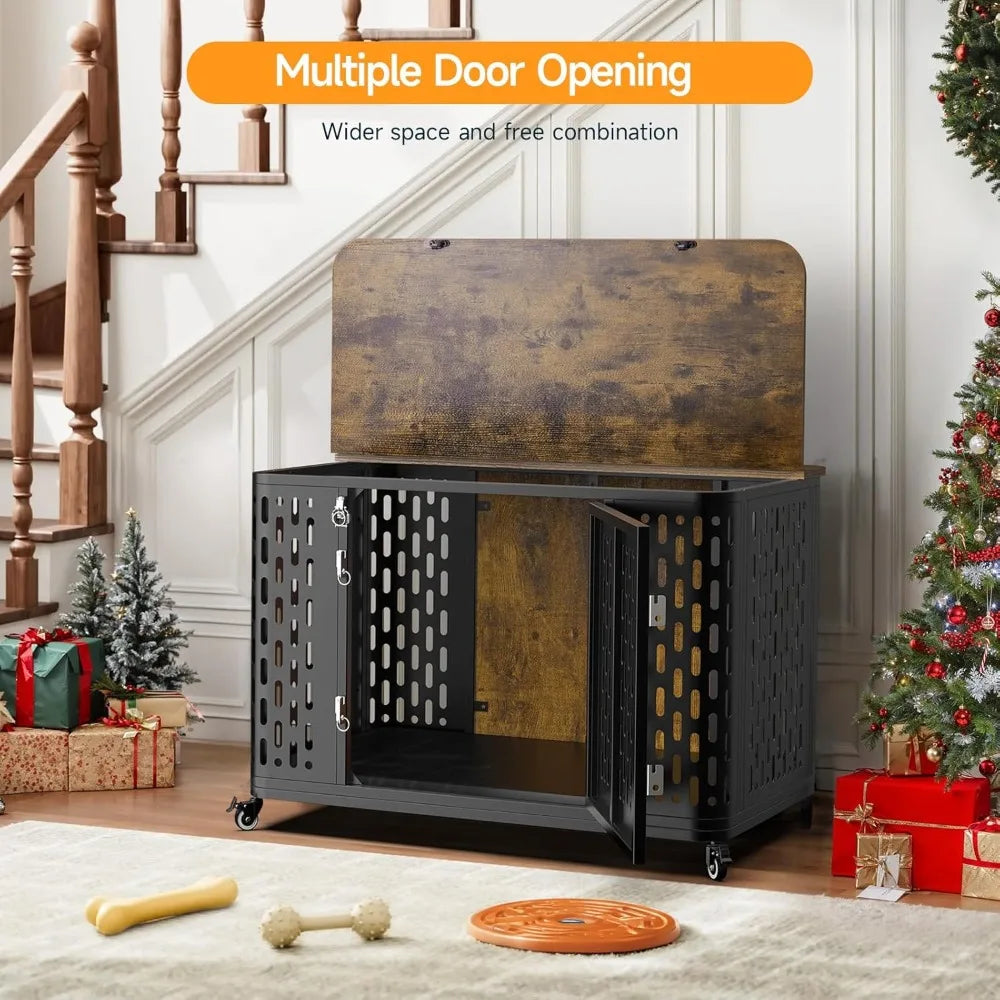 Heavy Duty Dog Crate With Cushion And Wheels For Anxiety