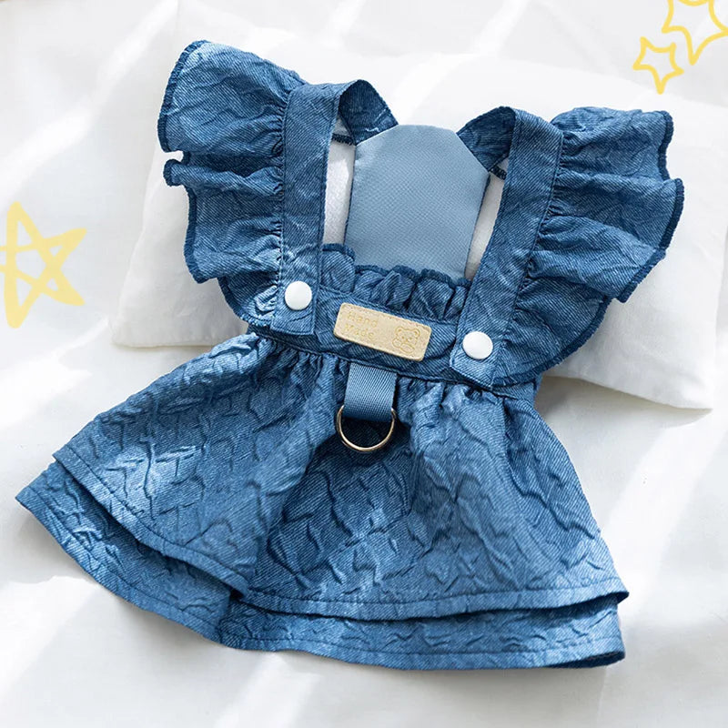 Denim Dog Dress With Leash Ring Flying Sleeves Summer Style