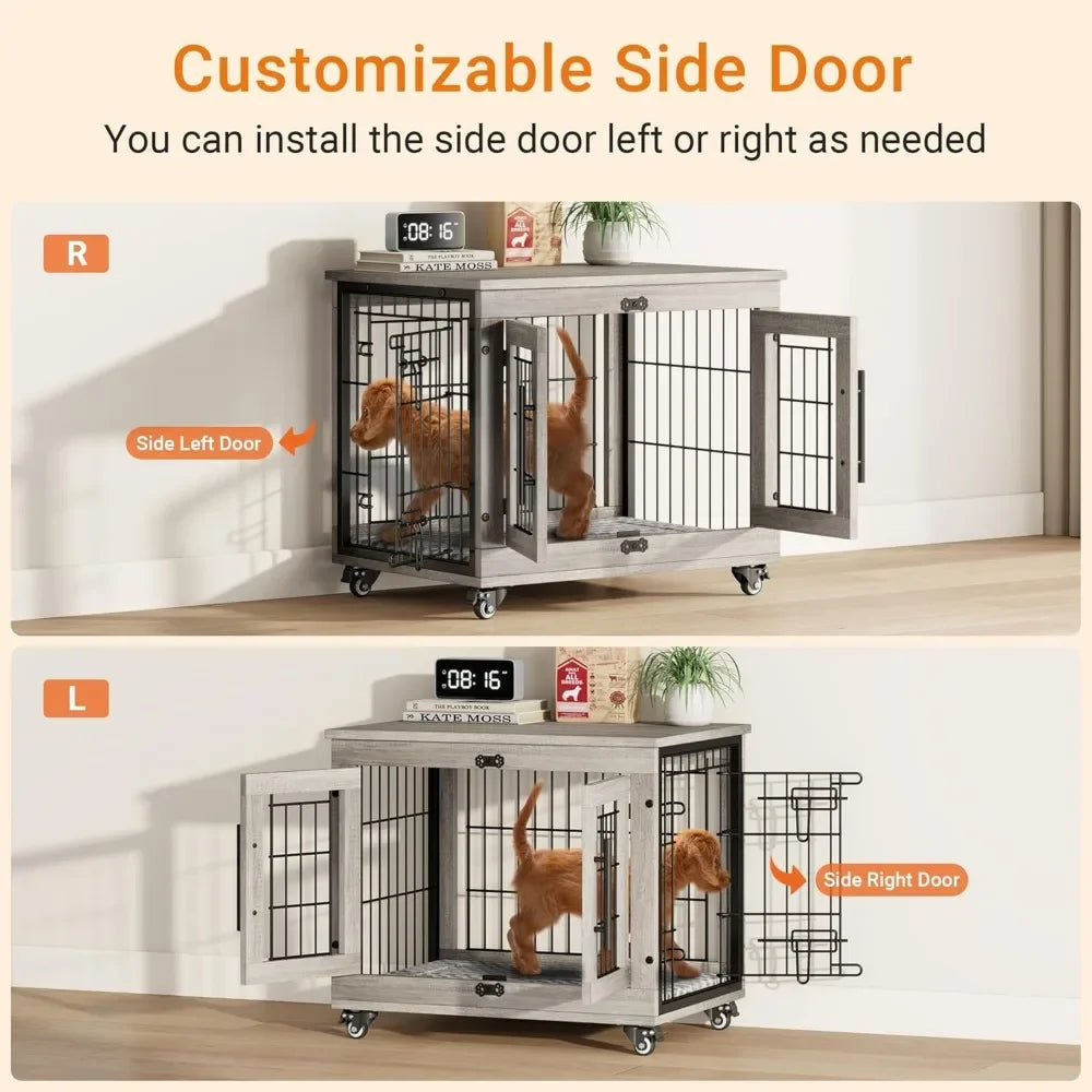 Indoor Double Door Wooden Dog Crate With Cushion And Wheels