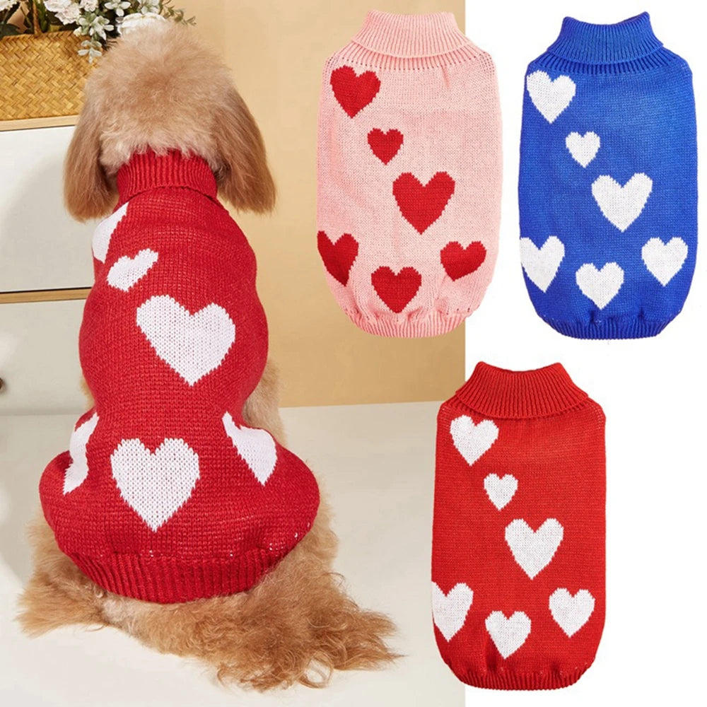 Cute Dog Sweater Heart Pattern Warm Pet Jumper Knitwear High Collar Jacket for Small and Big Dogs and Cats