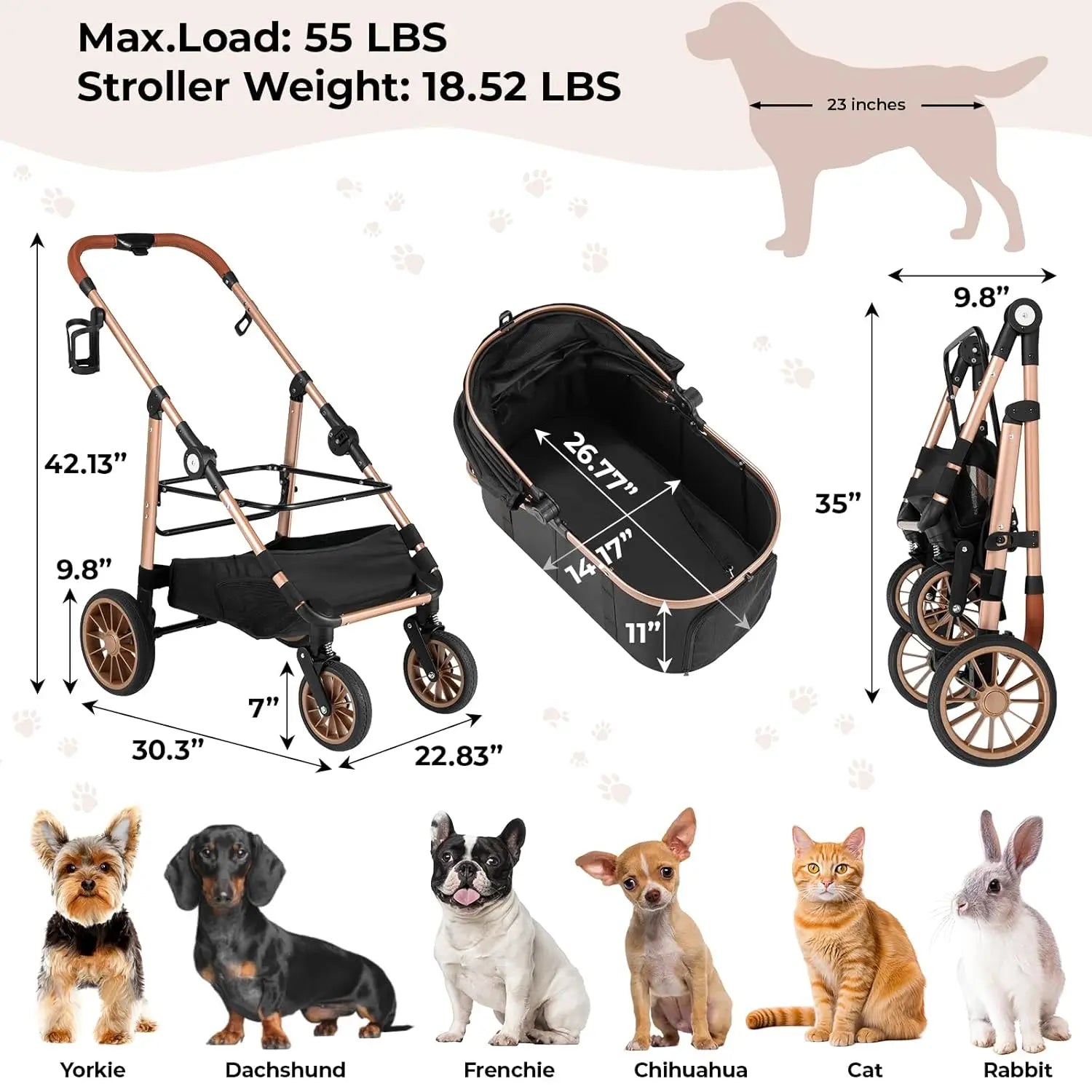 360° High Wheels Transport Foldable Cat Pet Stroller 