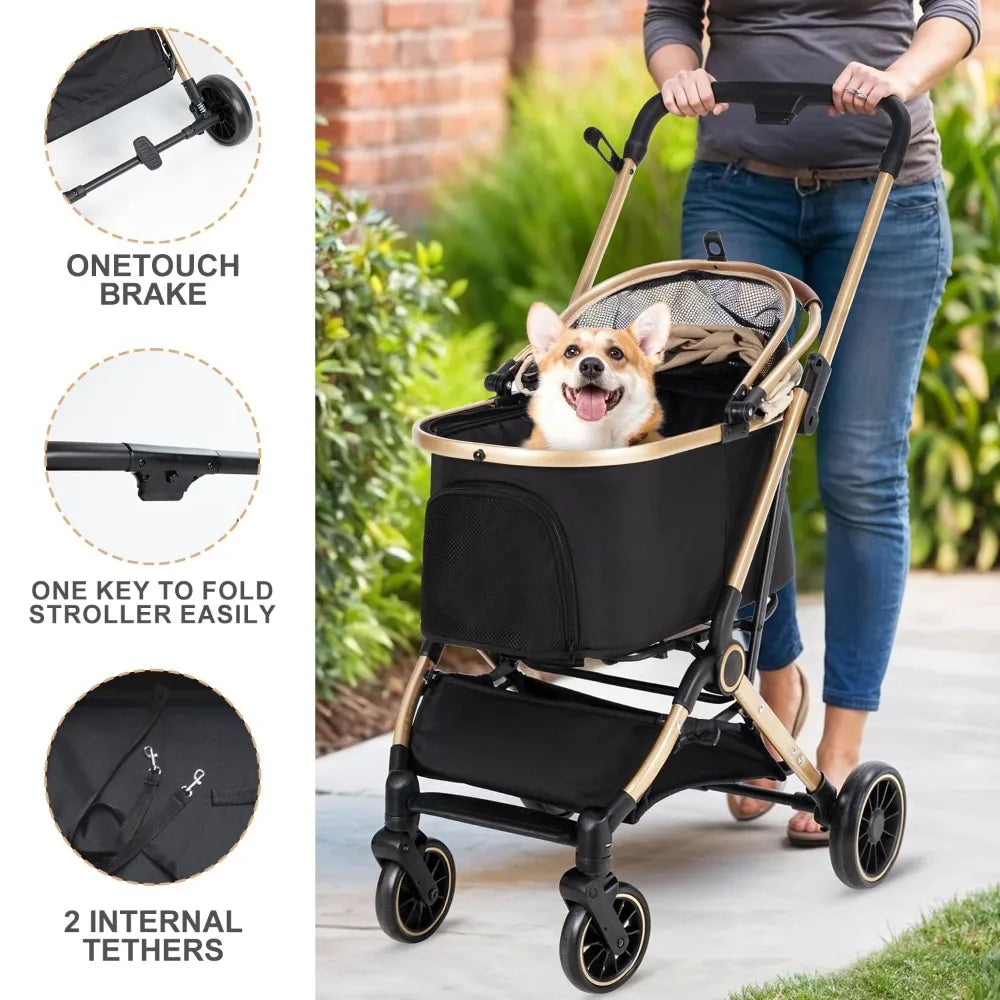Pet Stroller with 4 Wheels, Foldable Pet Travel Carrier for Small/Medium Dogs Cats up to 50lbs, Detachable Portable Pet Bag