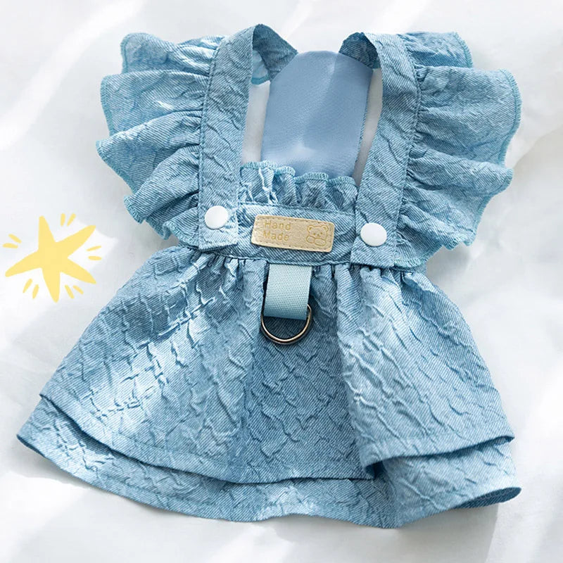 Denim Dog Dress With Leash Ring Flying Sleeves Summer Style