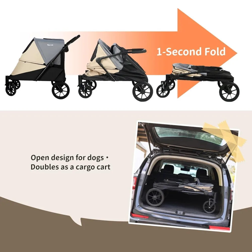 Stroller for Medium/Large Dogs One-Click Folding 4 Wheel Pet Foldable Dog Stroller for 2 Dogs Jogger with Storage Pocket