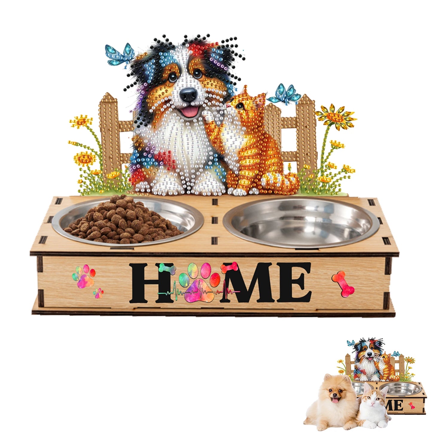 5D DIY Diamond Painting Water Feeder Kit Rhinestone Stainless Steel Pet Bowl for Cats and Dogs