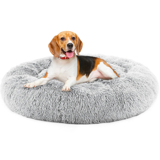 JHK Calming Dog Bed for Medium to Large Dogs Washable Large Pet Bed Anti-Slip Round Fluffy Plush Faux Fur Dog Bed
