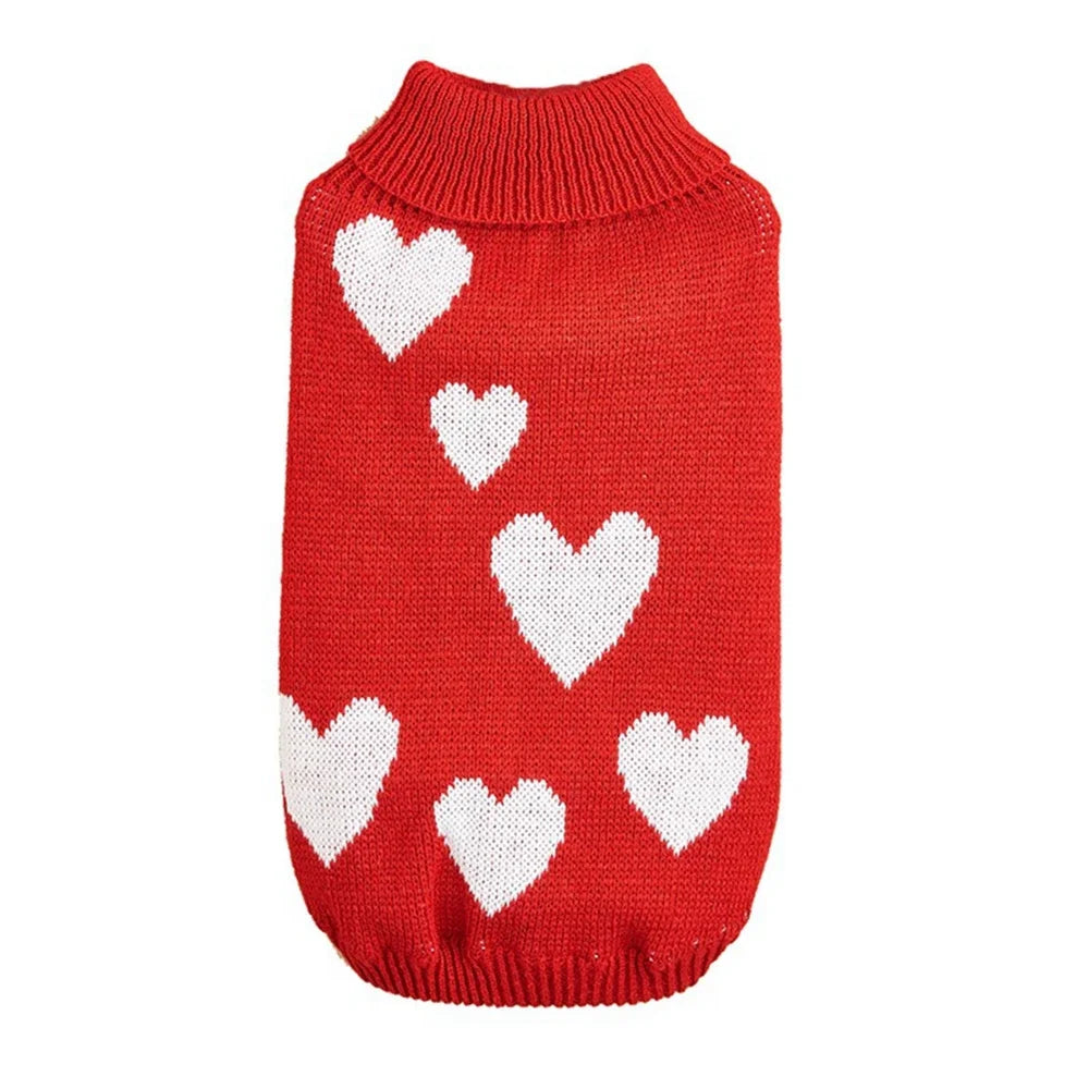 Cute Dog Sweater Heart Pattern Warm Pet Jumper Knitwear High Collar Jacket for Small and Big Dogs and Cats