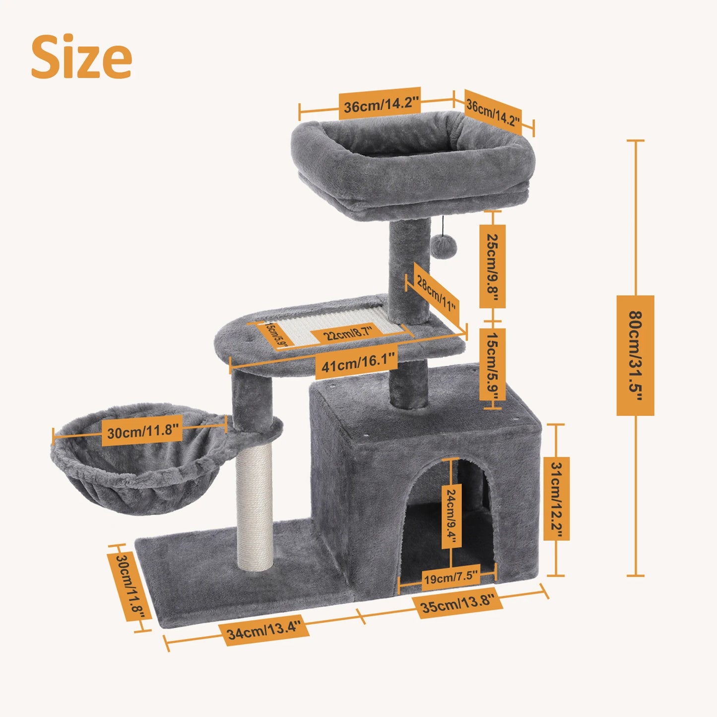 Cat Tree Cat Tower for Indoor Cats with Big Hammock Removable Top Perch Scratching Posts Three Tier Design Grey