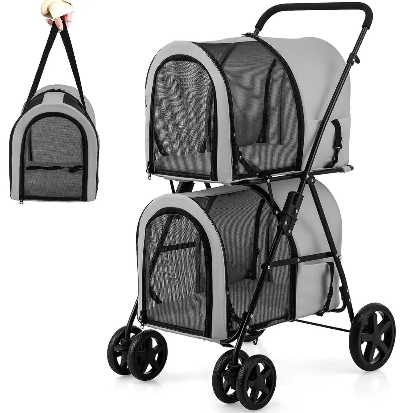 Double Pet Stroller with 2 Removable Carrying Bags, Safety Strap, 4 Lockable Wheels, Foldable Cat and Dog Stroller