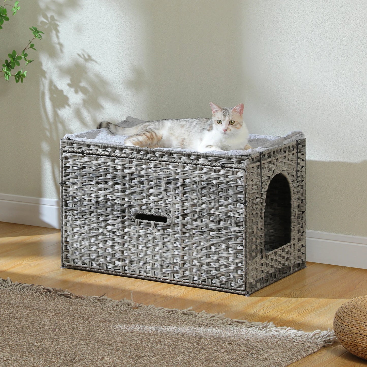 Rattan Cat Litter Box Enclosure with Stylish Flip-Up Design